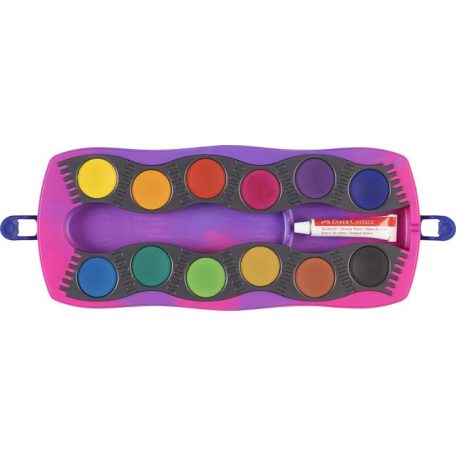 FABER-CASTELL Vízfesték, 12 darabos, összeilleszthető, FABER-CASTELL "Unikornis"+1 tubus fehér tempera+unikornis matrica