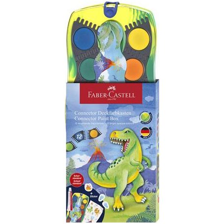 FABER-CASTELL Vízfesték, 12 darabos, összeilleszthető, FABER-CASTELL "Dinoszaurusz"+1 tubus fehér tempera + dinoszaurusz matrica