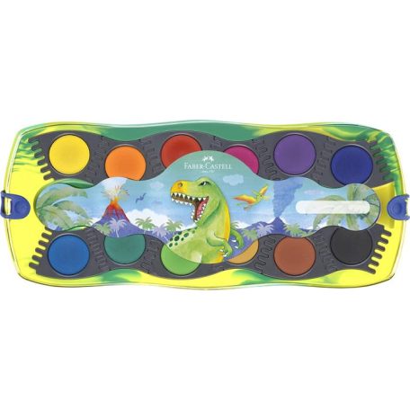 FABER-CASTELL Vízfesték, 12 darabos, összeilleszthető, FABER-CASTELL "Dinoszaurusz"+1 tubus fehér tempera + dinoszaurusz matrica