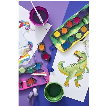 FABER-CASTELL Vízfesték, 12 darabos, összeilleszthető, FABER-CASTELL "Dinoszaurusz"+1 tubus fehér tempera + dinoszaurusz matrica