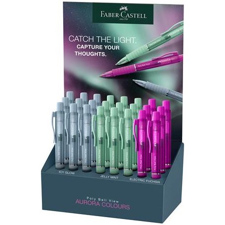 FABER-CASTELL Golyóstoll display, 1 mm, XB, nyomógombos, FABER-CASTELL "Poly Ball View Aurora", vegyes színek