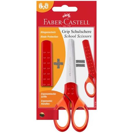 FABER-CASTELL Olló, iskolai, 13,5 cm, pengevédővel, FABER-CASTELL,  piros