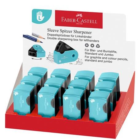 FABER-CASTELL Hegyező display, kétlyukú, tartályos, balkezes, FABER-CASTELL "Sleeve", türkíz