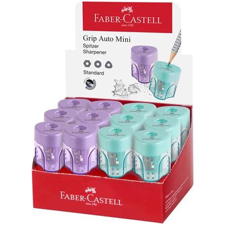 FABER-CASTELL Hegyező display, egylyukú, tartályos FABER-CASTELL "GRIP Auto Mini", vegyes pasztell színek