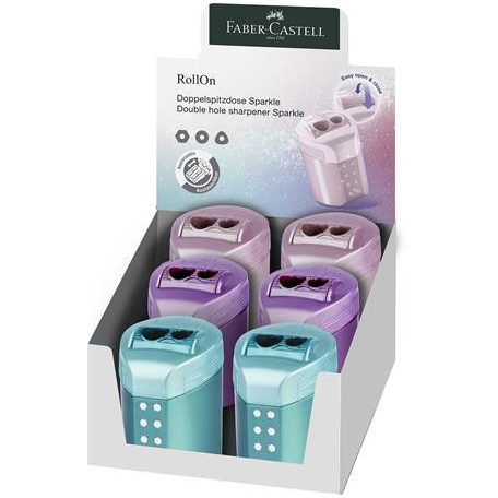 FABER-CASTELL Hegyező, kétlyukú, tartályos, display, FABER-CASTELL "RollOn Sparkle", metál színek