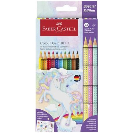 FABER-CASTELL Színes ceruza készlet, háromszögletű, FABER-CASTELL "Grip", 13 különböző szín, unikornis