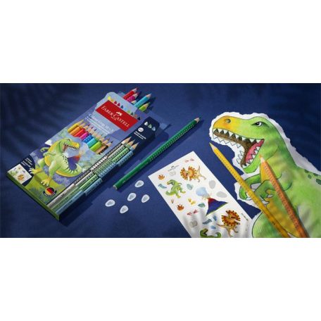 FABER-CASTELL Színes ceruza készlet, háromszögletű, FABER-CASTELL "Grip Dinoszaurusz" 10+3 különböző szín
