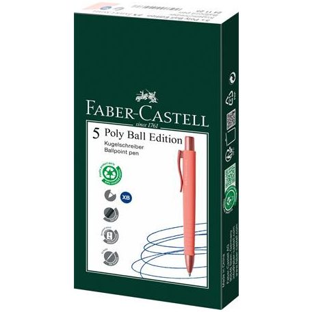 FABER-CASTELL Golyóstoll, 1 mm, XB, nyomógombos tolltest, korallpiros tolltest, FABER-CASTELL "Poly Ball Urban", kék
