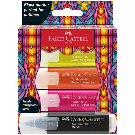 FABER-CASTELL Szövegkiemelő készlet, FABER-CASTELL "Glassy", 3 különböző neon szín + fekete