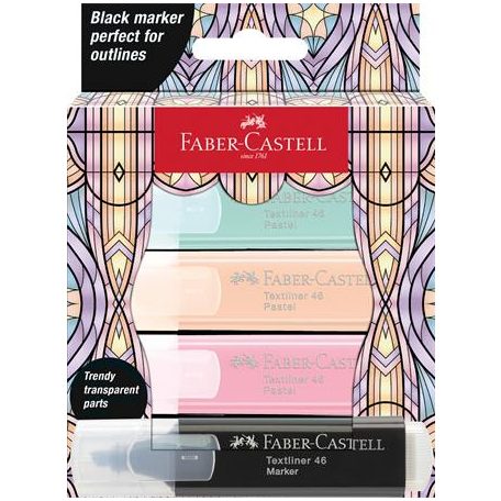 FABER-CASTELL Szövegkiemelő készlet, FABER-CASTELL "Glassy", 3 különböző pasztell szín + fekete