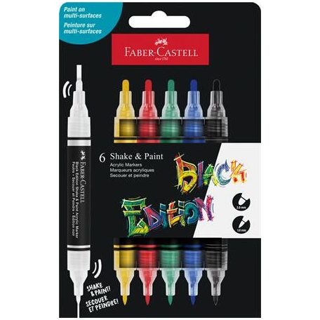 FABER-CASTELL Dekormarker készlet, 1,0/3,0 mm, kétvégű, akril, FABER-CASTELL "Shake&Paint", 6 különböző szín