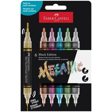 FABER-CASTELL Dekormarker készlet, 1,0/3,0 mm, kétvégű, akril, FABER-CASTELL "Shake&Paint", 6 különböző metál szín