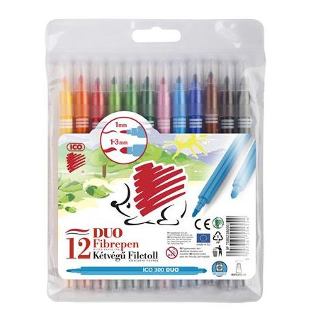 ICO Filctoll készlet, 1/3 mm, kétvégű, ICO "Süni 300 DUO", 12 különböző szín