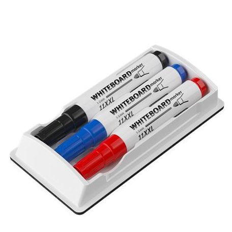 ICO Tábla- és flipchart marker készlet tartóban, 1-3 mm, kúpos, ICO "11 XXL", 3 különböző szín +táblatörlő