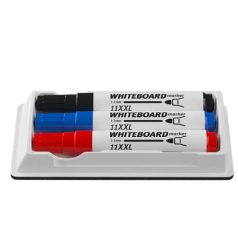   ICO Tábla- és flipchart marker készlet tartóban, 1-3 mm, kúpos, ICO "11 XXL", 3 különböző szín +táblatörlő