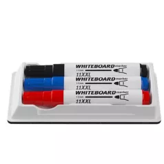   ICO Tábla- és flipchart marker készlet tartóban, 1-3 mm, kúpos, ICO "11 XXL", 3 különböző szín +táblatörlő