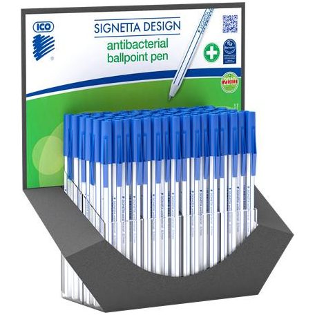 ICO Golyóstoll display, 0,7 mm, kupakos, antibakteriális, ICO "Signetta", kék