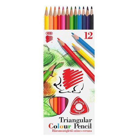 ICO Színes ceruza készlet, háromszögletű, ICO "Süni", 12 különböző szín