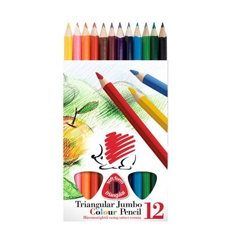 ICO Színes ceruza készlet, háromszögletű, vastag, ICO "Süni", 12 különböző szín