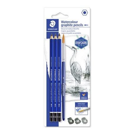 STAEDTLER Grafitceruza készlet, akvarell, ecsettel, hatszögletű, STAEDTLER „Mars® Lumograph® aquarell 100A”, 3 különböző keménység