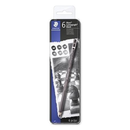 STAEDTLER Grafitceruza készlet, fém doboz, hatszögletű, STAEDTLER "Mars Lumograph 100B", 6 különböző keménység, fekete