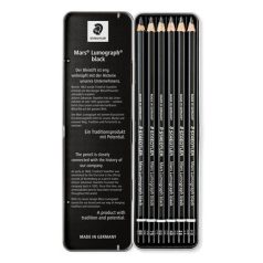   STAEDTLER Grafitceruza készlet, fém doboz, hatszögletű, STAEDTLER "Mars Lumograph 100B", 6 különböző keménység, fekete