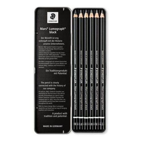STAEDTLER Grafitceruza készlet, fém doboz, hatszögletű, STAEDTLER "Mars Lumograph 100B", 6 különböző keménység, fekete