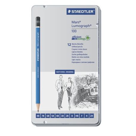 STAEDTLER Grafitceruza készlet, fém doboz, hatszögletű, STAEDTLER "Mars Lumograph 100", 12 különböző keménység
