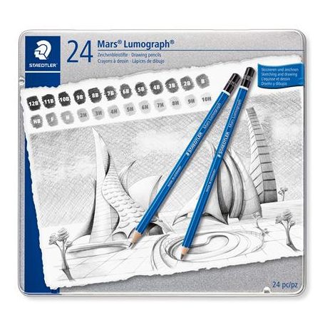 STAEDTLER Grafitceruza készlet, fém doboz, hatszögletű, STAEDTLER "Mars® Lumograph® 100", 24 különböző keménység