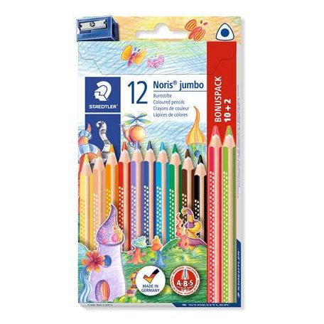 STAEDTLER Színes ceruza készlet, háromszögletű, vastag, hegyezővel, STAEDTLER "Noris® Jumbo 128", 10+2 különböző szín
