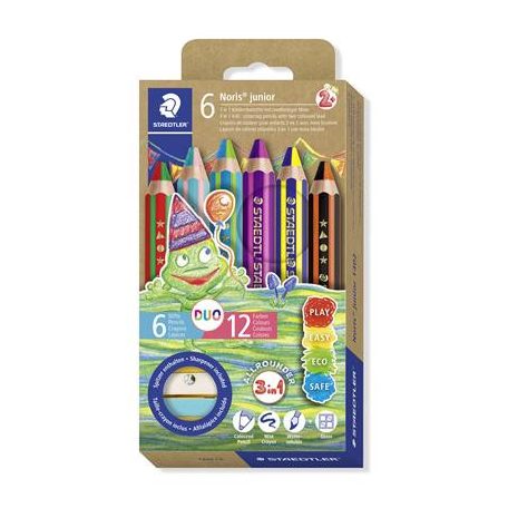 STAEDTLER Színes ceruza készlet, duo színű, hegyezővel, STAEDTLER "Noris® junior 140", 6 különböző szín