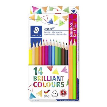 STAEDTLER Színes ceruza készlet, háromszögletű, ajándék 2 db színes ceruzával, STAEDTLER "Ergo Soft", 14 különböző szín