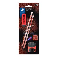   STAEDTLER Grafitceruza készlet, hegyezővel, radírral, HB, STAEDTLER "Norix® 181", piros