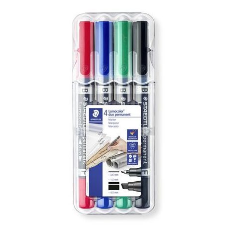 STAEDTLER Alkoholos marker készlet, 0,6/1,5 mm, kúpos, kétvégű, STAEDTLER "Lumocolor® duo 348", 4 különböző szín