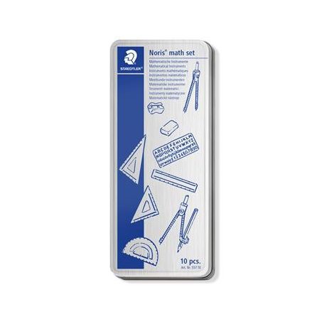STAEDTLER Matematikai készlet, fém dobozban, 10 darabos, vonalzóval, körzővel és kiegészítőkkel, STAEDTLER® "557 10"