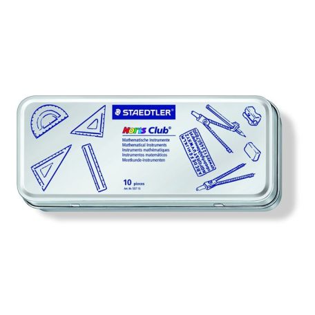 STAEDTLER Matematikai készlet, fém dobozban, 10 darabos, vonalzóval, körzővel és kiegészítőkkel, STAEDTLER® "557 10"