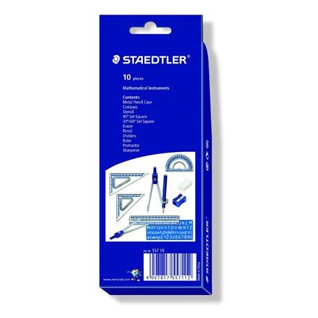STAEDTLER Matematikai készlet, fém dobozban, 10 darabos, vonalzóval, körzővel és kiegészítőkkel, STAEDTLER® "557 10"