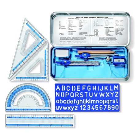 STAEDTLER Matematikai készlet, fém dobozban, 10 darabos, vonalzóval, körzővel és kiegészítőkkel, STAEDTLER® "557 10"