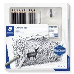   STAEDTLER Grafit- és szénceruza készlet, kiegészítőkkel, 12 darabos, STAEDTLER "Mars® Lumograph® 100C"