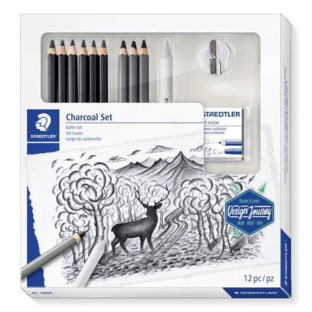 STAEDTLER Grafit- és szénceruza készlet, kiegészítőkkel, 12 darabos, STAEDTLER "Mars® Lumograph® 100C"