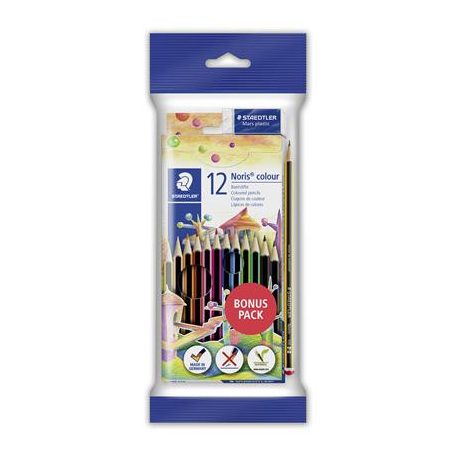 STAEDTLER Színes ceruza készlet, hatszögletű, ajándék grafitceruzával és radírral, STAEDTLER "Noris 185", 12 különböző szín