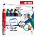 STABILO Táblaceruza készlet, fehértáblához, flipchartpapírhoz kúpos, STABILO "MARKdry", 4 féle szín törlővel és hegyezővel