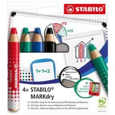   STABILO Táblaceruza készlet, fehértáblához, flipchartpapírhoz kúpos, STABILO "MARKdry", 4 féle szín törlővel és hegyezővel