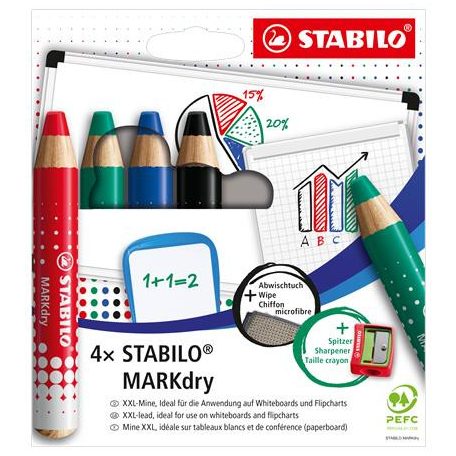 STABILO Táblaceruza készlet, fehértáblához, flipchartpapírhoz kúpos, STABILO "MARKdry", 4 féle szín törlővel és hegyezővel