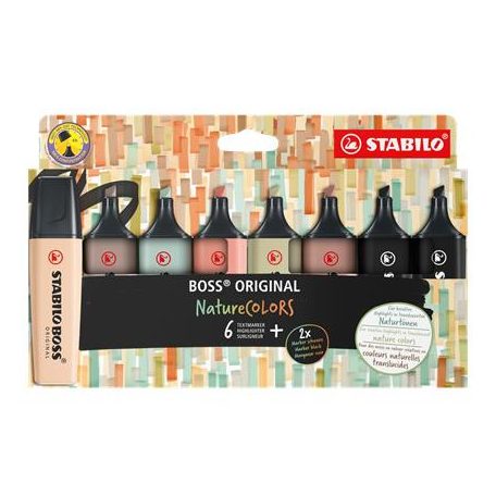 STABILO Szövegkiemelő készlet, 2-5 mm, STABILO "BOSS original NatureCOLORS", 6 különböző szín + 2 fekete