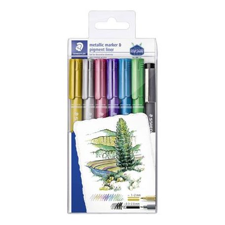 STAEDTLER Dekormarker, 1-2 mm, kúpos, STAEDTLER "8323", 6 különböző metál szín, ajándék fekete tusfilccel