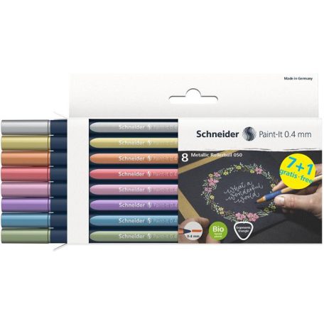 SCHNEIDER Metálfényű rollertoll készlet, 0,4 mm, SCHNEIDER "Paint-It 050" 8 különböző szín
