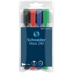   SCHNEIDER Tábla- és flipchart marker készlet, 2-3 mm, kúpos, SCHNEIDER "Maxx 290", 4 különböző szín