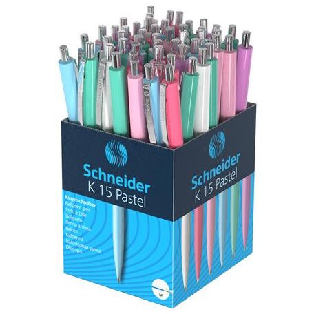 SCHNEIDER Golyóstoll, 0,5 mm, nyomógombos, vegyes pasztell tolltest, SCHNEIDER "K15", kék