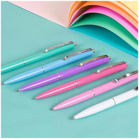 SCHNEIDER Golyóstoll, 0,5 mm, nyomógombos, vegyes pasztell tolltest, SCHNEIDER "K15", kék